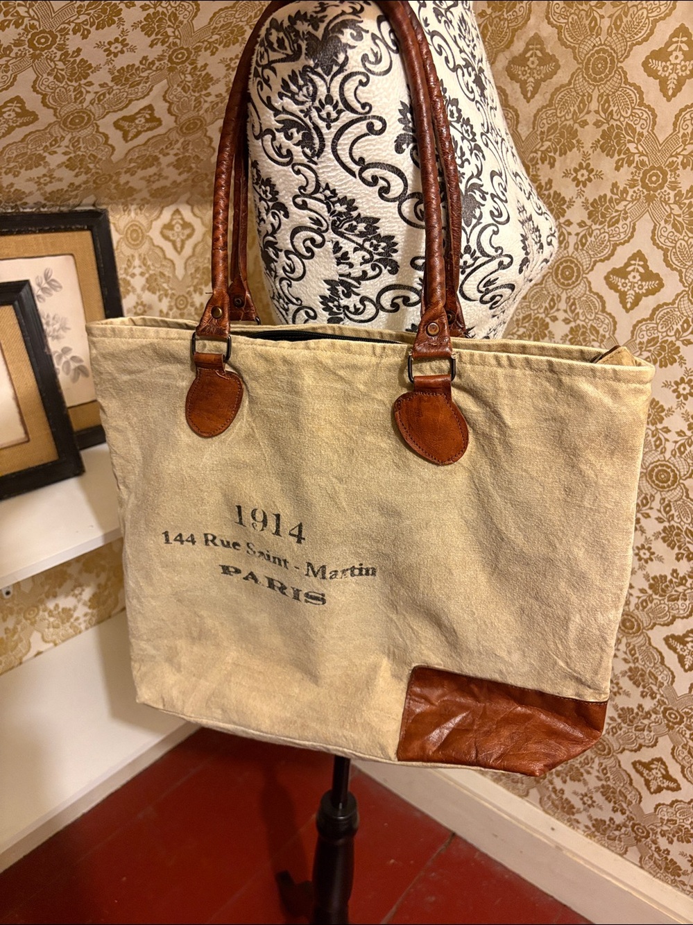 Vintage Style 1914 Paris Canvas Tote Bag Leather Trim Large Shoulder Bag